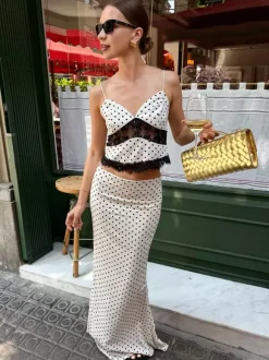 Ensembles deux pièces blancs décontractés à pois en dentelle bretelles col sans manches ensembles d'été