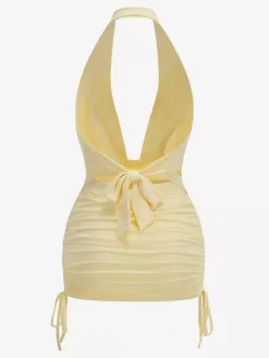 Ensembles deux pièces jupe et mini-robes jaunes décontractées à col bénitier sans manches