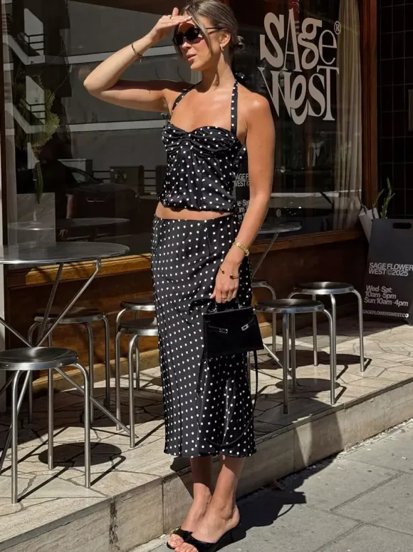 Ensembles deux pièces noirs chics à pois haut dos nu sans manches jupe d'été