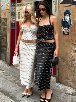 Ensembles deux pièces noirs chics à pois haut dos nu sans manches jupe d'été