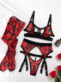 Ensembles Culottes Soutien-Gorge Léopard Rose Noir Lingerie Sexy 4 Pièces Femme
