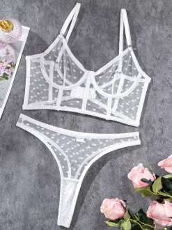 Ensembles de culottes de soutien-gorge en dentelle noire à pois transparents 2 pièces lingerie sexy pour adultes