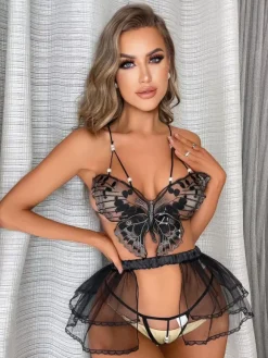 Ensembles de culottes de soutien-gorge noir découpés en polyester irrégulier lingerie pour adultes