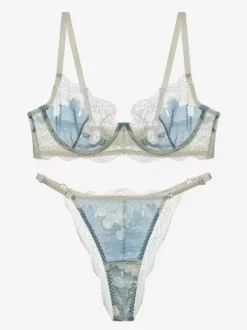 Ensembles de lingerie 2 pièces bicolores en dentelle transparente couleur chair : soutien-gorge et culotte.