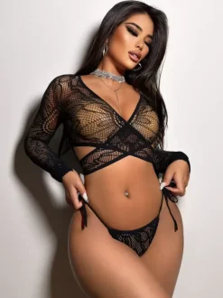 Ensembles de pyjamas noirs ajourés lingerie décontractée pour tous les jours