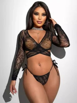 Ensembles de pyjamas noirs ajourés lingerie décontractée pour tous les jours