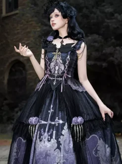 Ensembles de robes Gothic Lolita à lacets fleurs squelette et croix haut noir et jupe longue