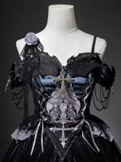 Ensembles de robes Gothic Lolita à lacets fleurs squelette et croix haut noir et jupe longue