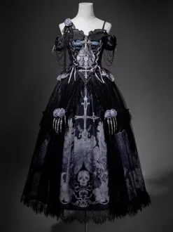Ensembles de robes Gothic Lolita à lacets fleurs squelette et croix haut noir et jupe longue