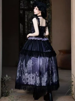 Ensembles de robes Gothic Lolita à lacets fleurs squelette et croix haut noir et jupe longue