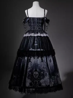 Ensembles de robes Gothic Lolita à lacets fleurs squelette et croix haut noir et jupe longue
