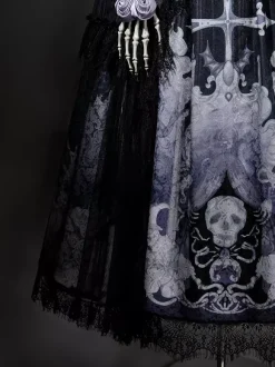 Ensembles de robes Gothic Lolita à lacets fleurs squelette et croix haut noir et jupe longue