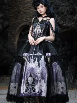 Ensembles de robes Gothic Lolita à lacets fleurs squelette et croix haut noir et jupe longue