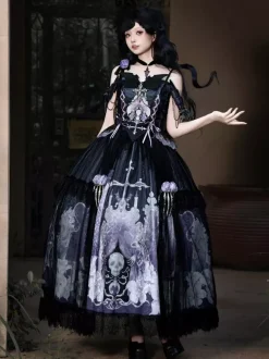 Ensembles de robes Gothic Lolita à lacets fleurs squelette et croix haut noir et jupe longue