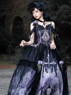 Ensembles de robes Gothic Lolita à lacets fleurs squelette et croix haut noir et jupe longue