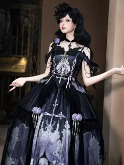 Ensembles de robes Gothic Lolita à lacets fleurs squelette et croix haut noir et jupe longue