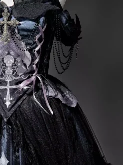 Ensembles de robes Gothic Lolita à lacets fleurs squelette et croix haut noir et jupe longue