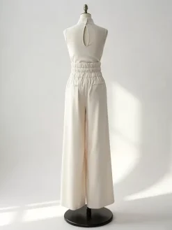Ensembles deux pièces : pantalon et robe maxi écru blanc à col montant sans manches élégants