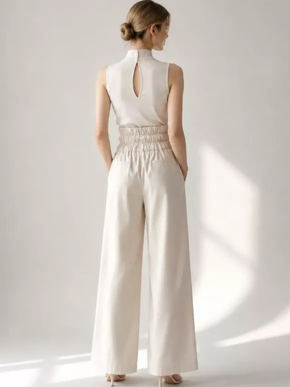 Ensembles deux pièces : pantalon et robe maxi écru blanc à col montant sans manches élégants