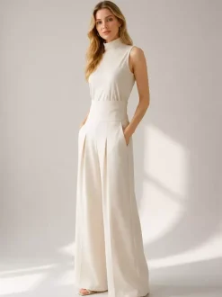 Ensembles deux pièces : pantalon et robe maxi écru blanc à col montant sans manches élégants