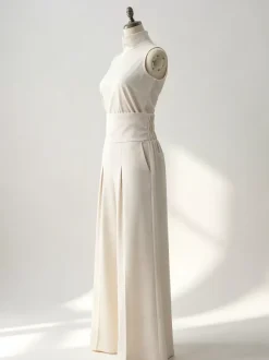 Ensembles deux pièces : pantalon et robe maxi écru blanc à col montant sans manches élégants