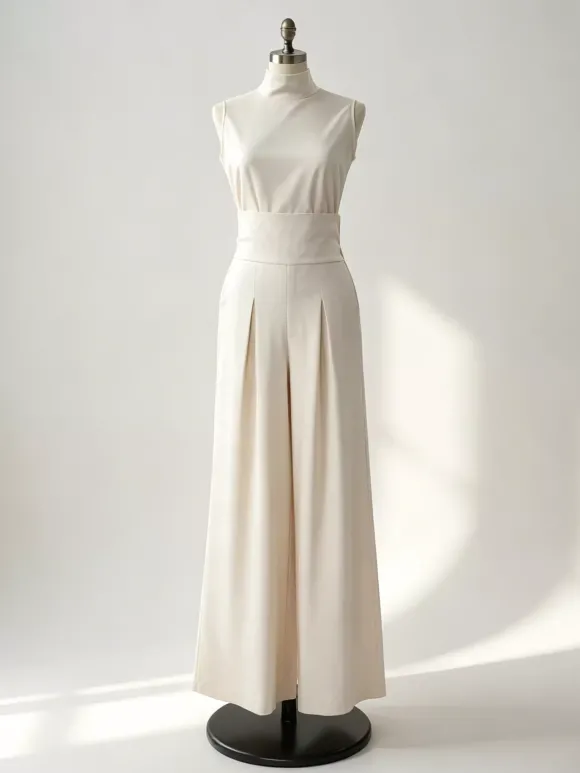Ensembles deux pièces : pantalon et robe maxi écru blanc à col montant sans manches élégants