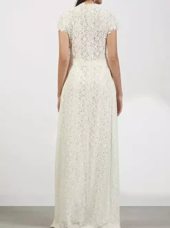 Ensembles deux pièces : pantalon robe maxi blanc tenue de villégiature col rond manches illusion manches courtes