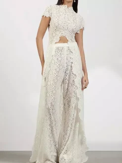 Ensembles deux pièces : pantalon robe maxi blanc tenue de villégiature col rond manches illusion manches courtes