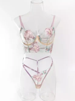 Ensemble Soutien-Gorge Et Culotte Sexy Lavande Brodé En 2 Pièces