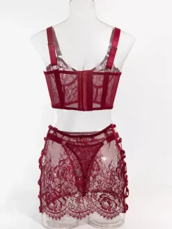 Ensemble soutien-gorge et culotte 3 pièces bordeaux à lacets et imprimé floral transparent