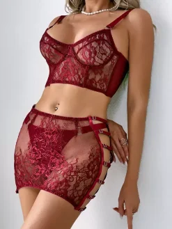 Ensemble soutien-gorge et culotte 3 pièces bordeaux à lacets et imprimé floral transparent