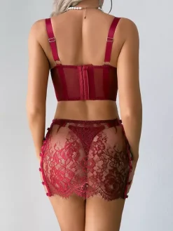 Ensemble soutien-gorge et culotte 3 pièces bordeaux à lacets et imprimé floral transparent
