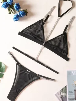 Ensemble soutien-gorge et culotte pour femme lingerie avec chaînes noires sous-vêtements sexy et chauds