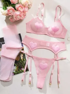Ensemble soutien-gorge et culotte en dentelle rouge sexy pour femme 4 pièces.