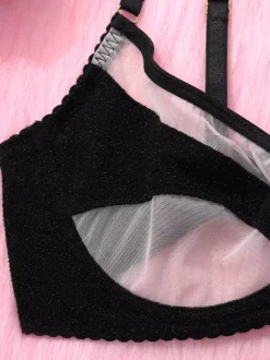 Ensemble soutien-gorge et culotte en maille géométrique noire transparente bicolore 3 pièces.