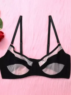 Ensemble soutien-gorge et culotte en maille géométrique noire transparente bicolore 3 pièces.