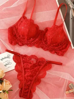 Ensemble soutien-gorge et culotte 2 pièces en dentelle jaune transparente à lacets