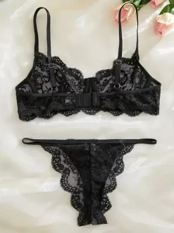 Ensemble soutien-gorge et culotte 2 pièces en dentelle jaune transparente à lacets