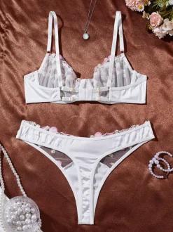 Ensemble soutien-gorge et culotte blancs transparents à imprimé floral (2 pièces)
