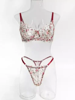 Ensemble soutien-gorge et culotte en dentelle rouge à imprimé floral deux pièces de lingerie.
