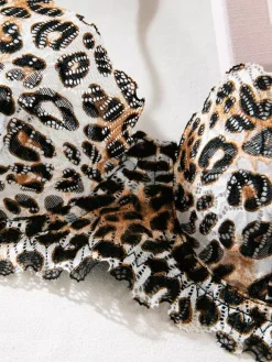 Ensemble soutien-gorge et culotte en dentelle marron imprimé léopard deux pièces