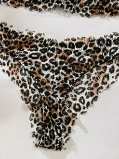 Ensemble soutien-gorge et culotte en dentelle marron imprimé léopard deux pièces