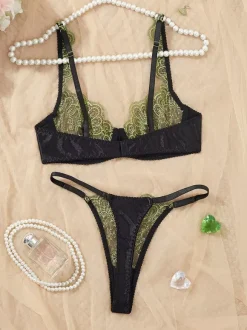 Ensemble soutien-gorge et string à armatures broderie florale papillon noir et vert