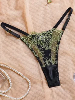 Ensemble soutien-gorge et string à armatures broderie florale papillon noir et vert