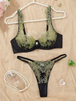 Ensemble soutien-gorge et string à armatures broderie florale papillon noir et vert