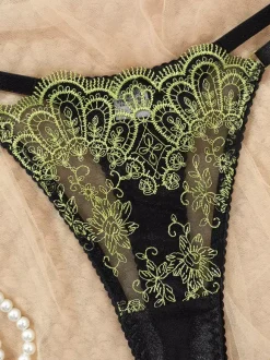 Ensemble soutien-gorge et string à armatures broderie florale papillon noir et vert