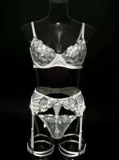 Ensembles 4 pièces de lingerie de mariée en résille blanche à imprimé floral et tulle transparent