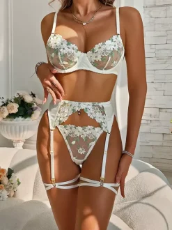 Ensembles 4 pièces de lingerie de mariée en résille blanche à imprimé floral et tulle transparent