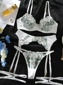 Ensembles 4 pièces de lingerie de mariée en résille blanche à imprimé floral et tulle transparent