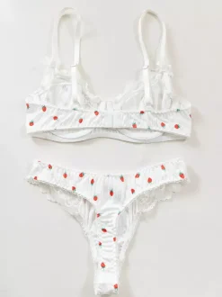 Ensembles 2 pièces de lingerie de mariée en dentelle à motif de fruits : soutien-gorge et culotte blancs